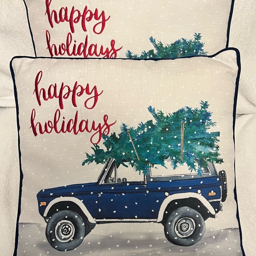 Happy Holidays Blue Truck Pillow Set